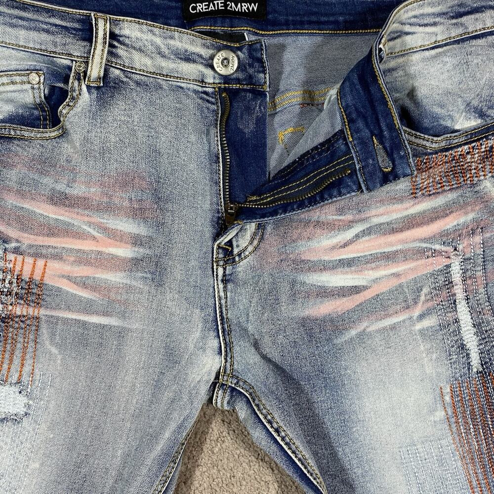 Create 2MRW Distressed Patchwork Skinny Jeans Men’s 36x34 Light Wash - Picture 9 of 12